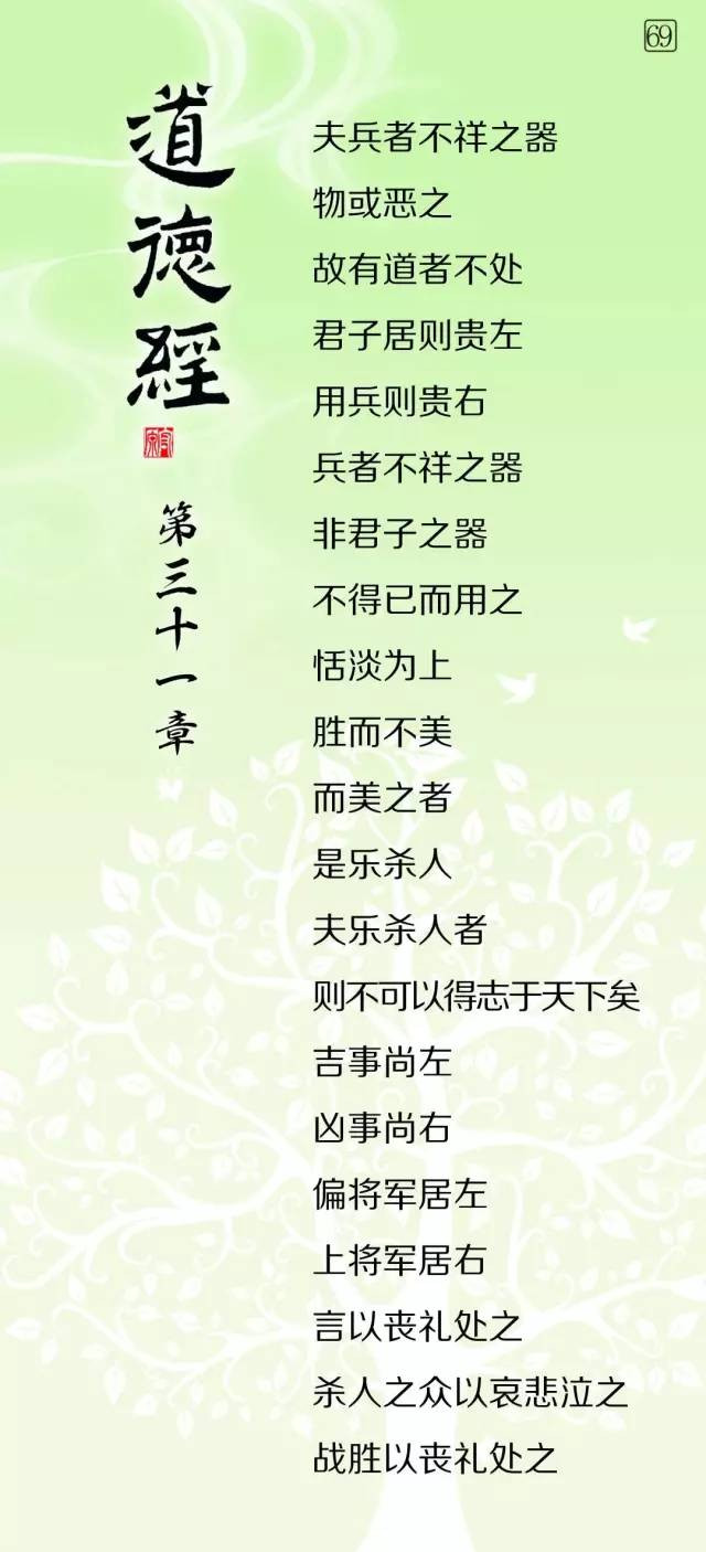 222.jpg道德經微學精講《道德經》微學精講【69】 第31章——【夫兵者，不祥之器】